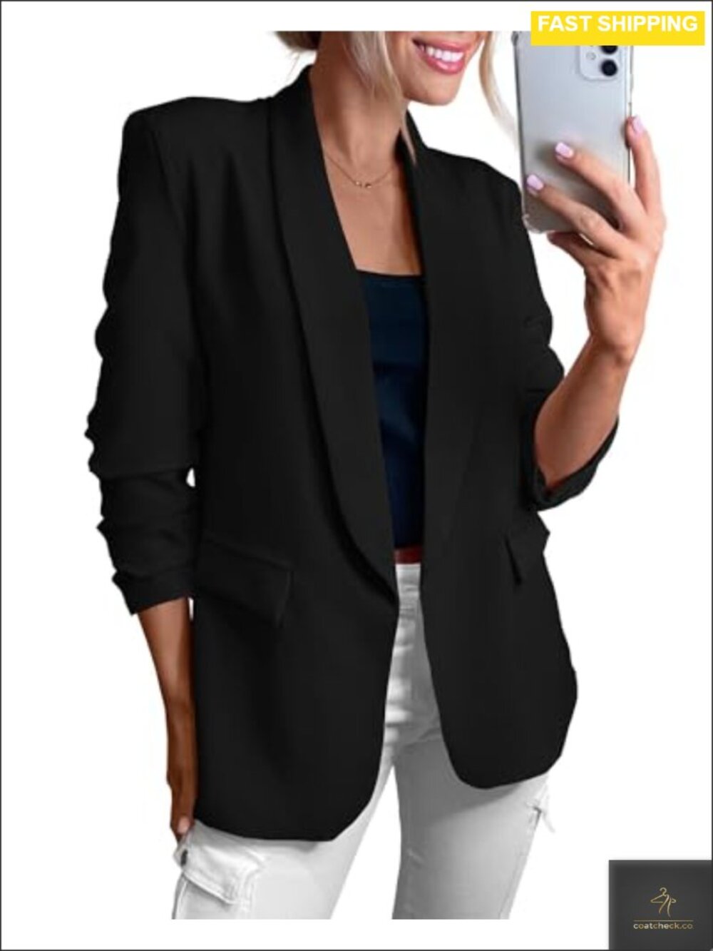 Womens Lightweight Polyester Elastane Blazer Shawl Collar Business Casual Jacket